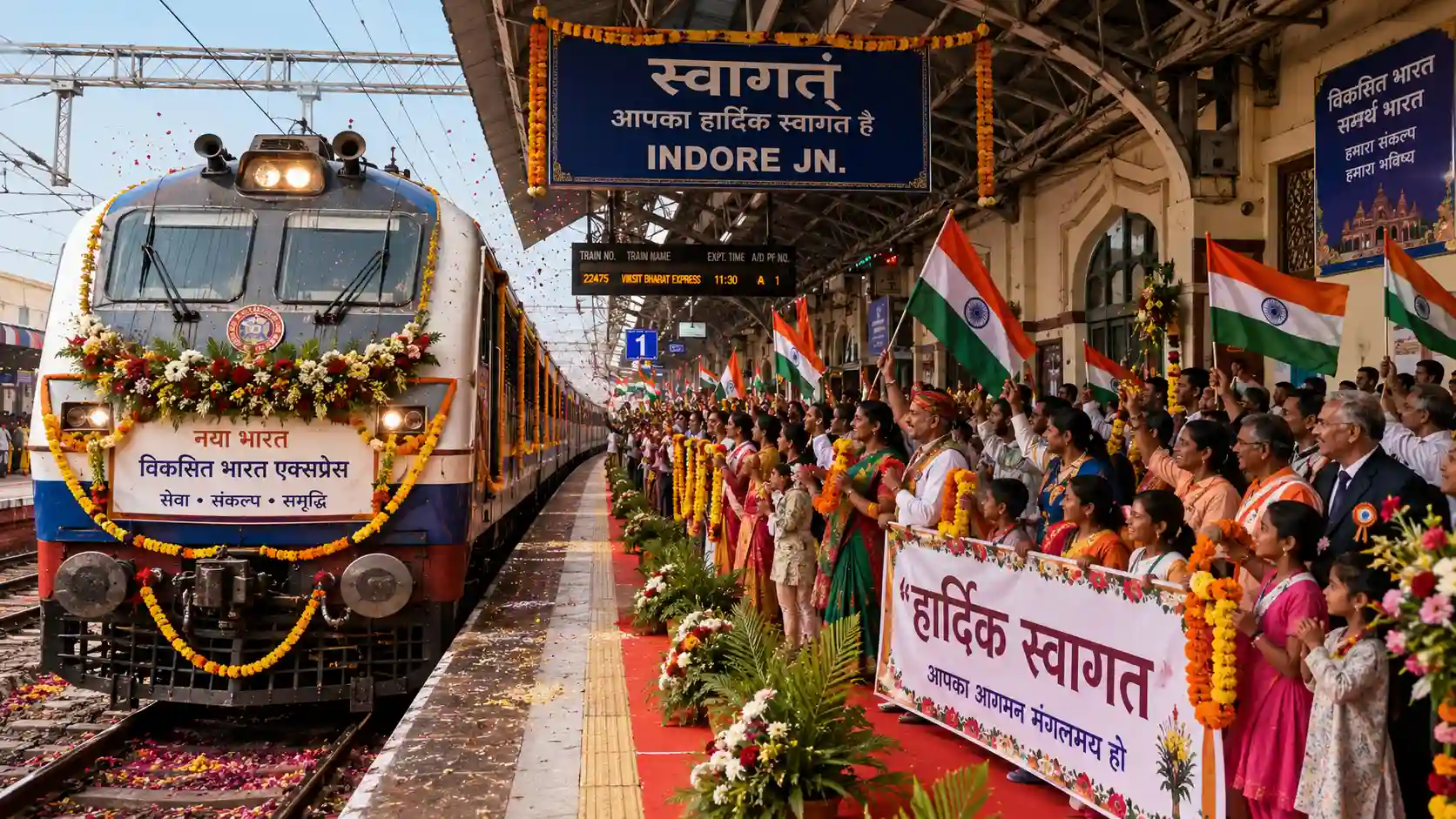 Indian train arriving at a decorated railway platform with a joyful reception party holding garlands, flags, and welcome banners.