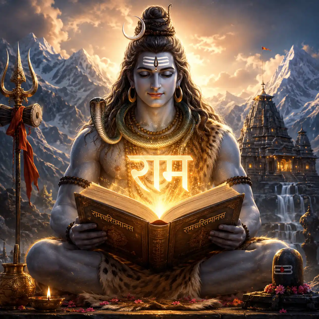 Reverent artistic image of Lord Shiva in meditation holding the Ramcharitmanas, with the glowing name “राम” shining from the scripture.