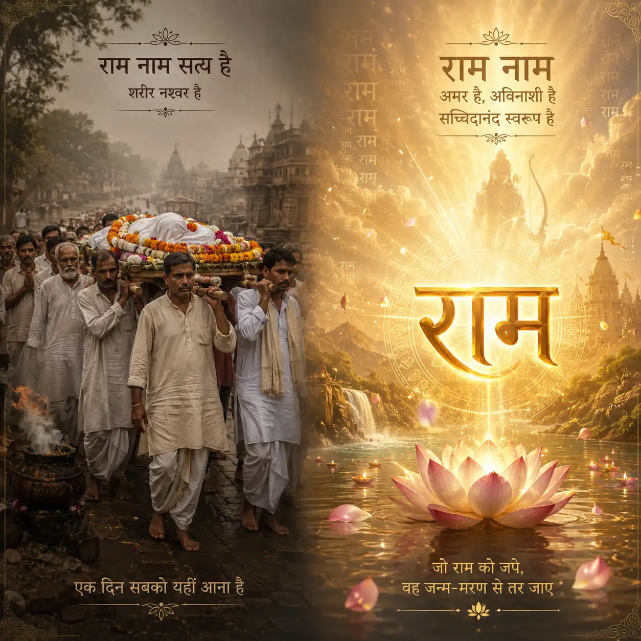 Symbolic split image showing a respectful funeral procession on one side and the glowing name “राम” on the other, representing the eternal truth of Ram Naam.