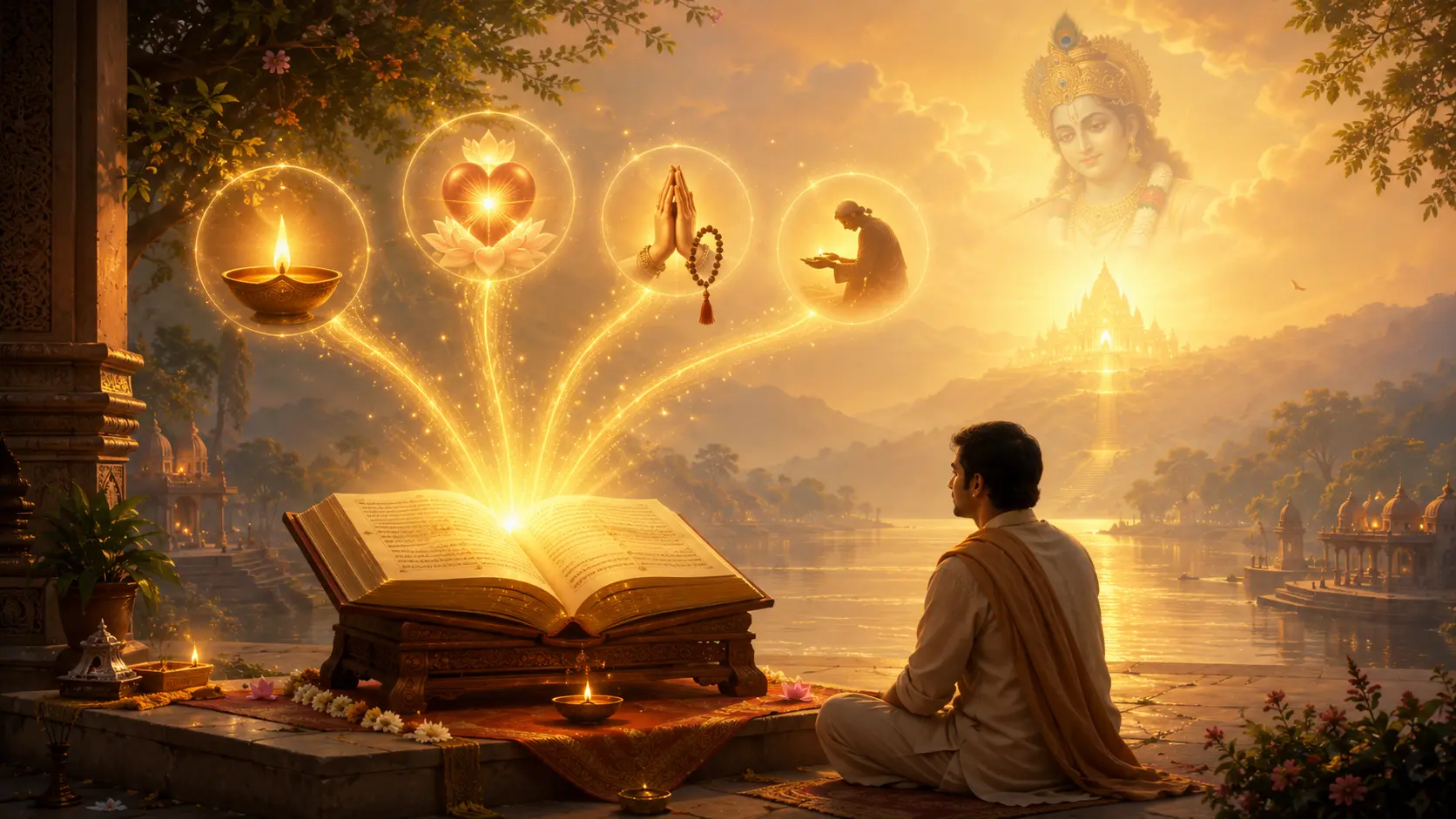 Open glowing sacred scripture with golden rays illuminating symbols of faith, devotion, and surrender, while a seeker sits nearby in prayerful reflection.