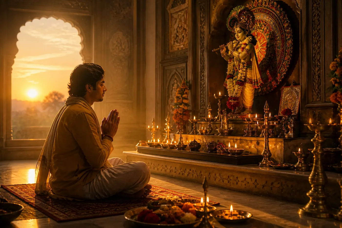 A devotee sitting in front of a glowing puja altar at dawn with eyes closed in deep contemplation, surrounded by warm diya light and marigold offerings