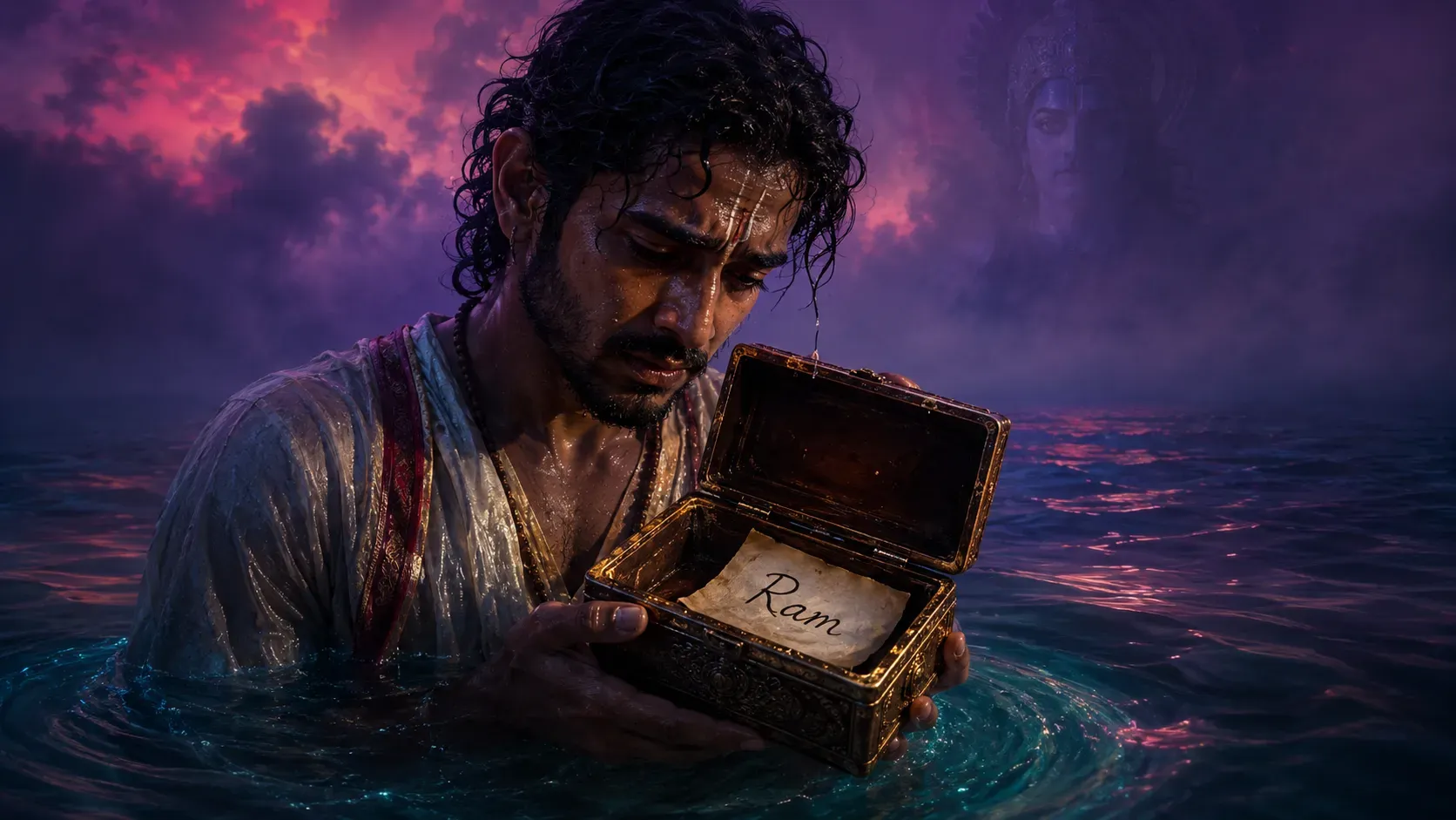  A disciple sinks in dark water while staring at an opened casket containing a paper marked “Ram.”