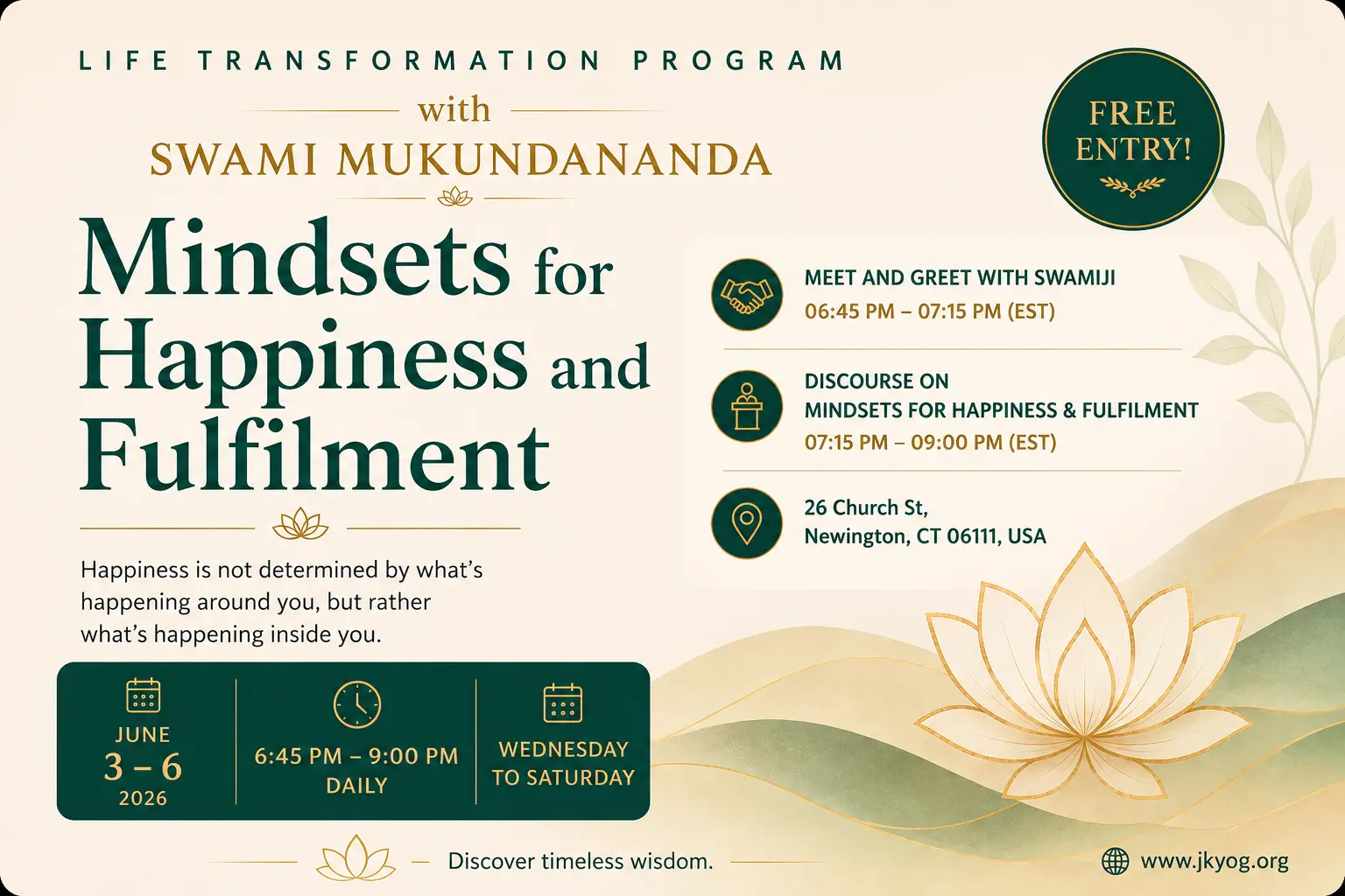 Full details of 2026 Connecticut Life Transformation Programme with Swami Mukundananda