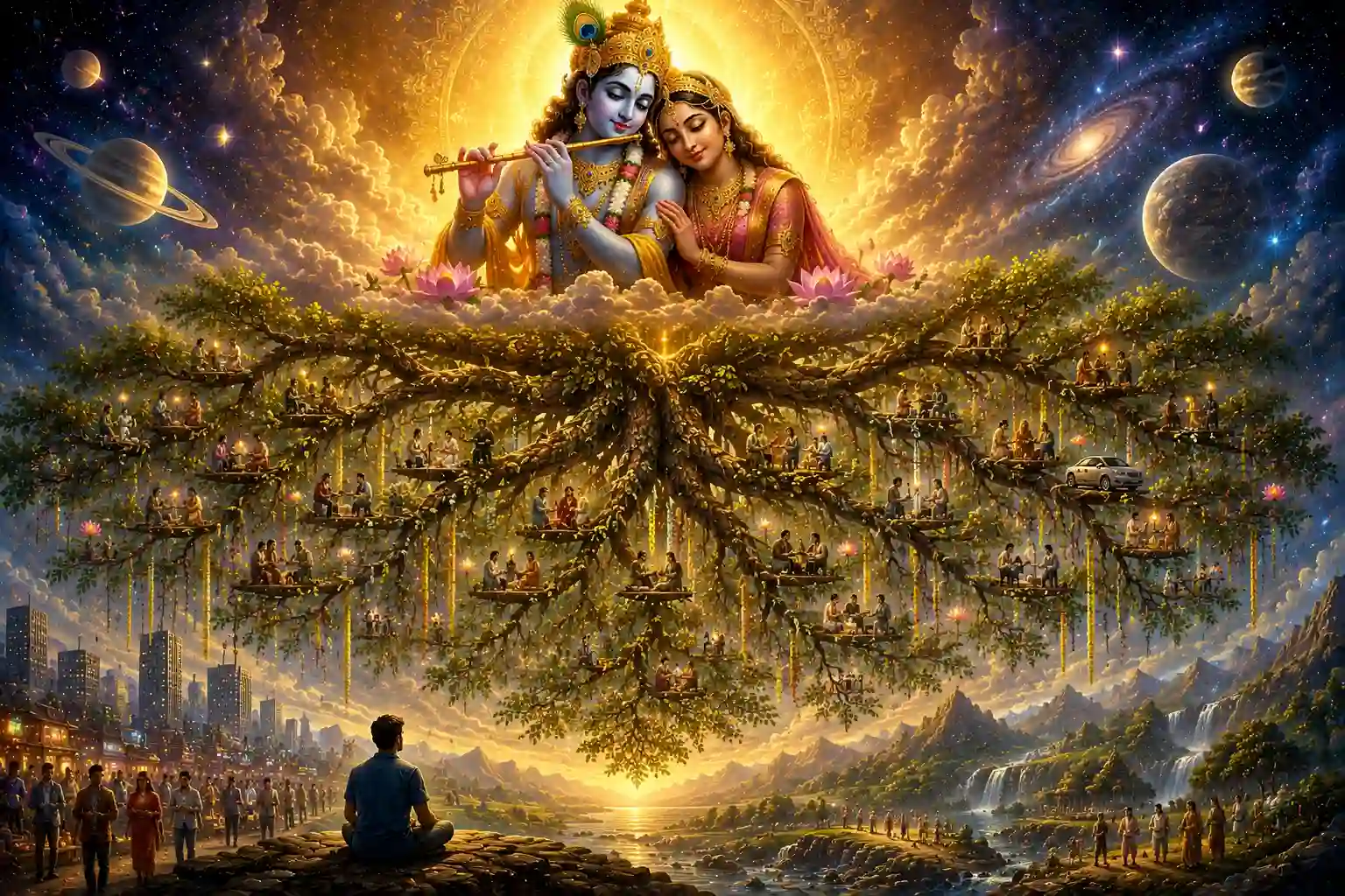 This upside-down cosmic tree represents the challenges of material existence and the root is the Supreme Divine Personality 