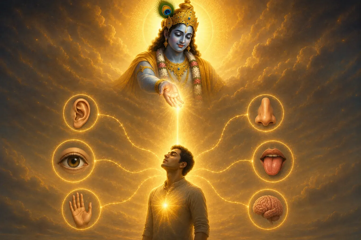 A golden spiritual illustration of Shree Krishna above a glowing human soul connected to six symbolic senses: sight, hearing, touch, taste, smell, and mind