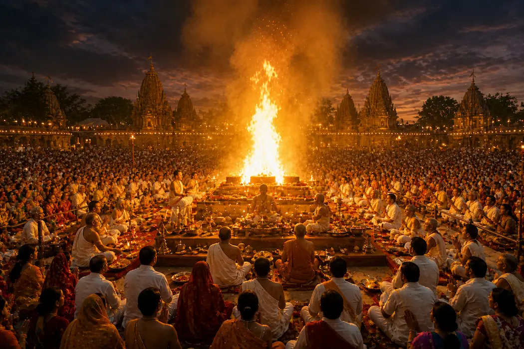 Large yagna ceremony with priests and devotees around a sacred fire