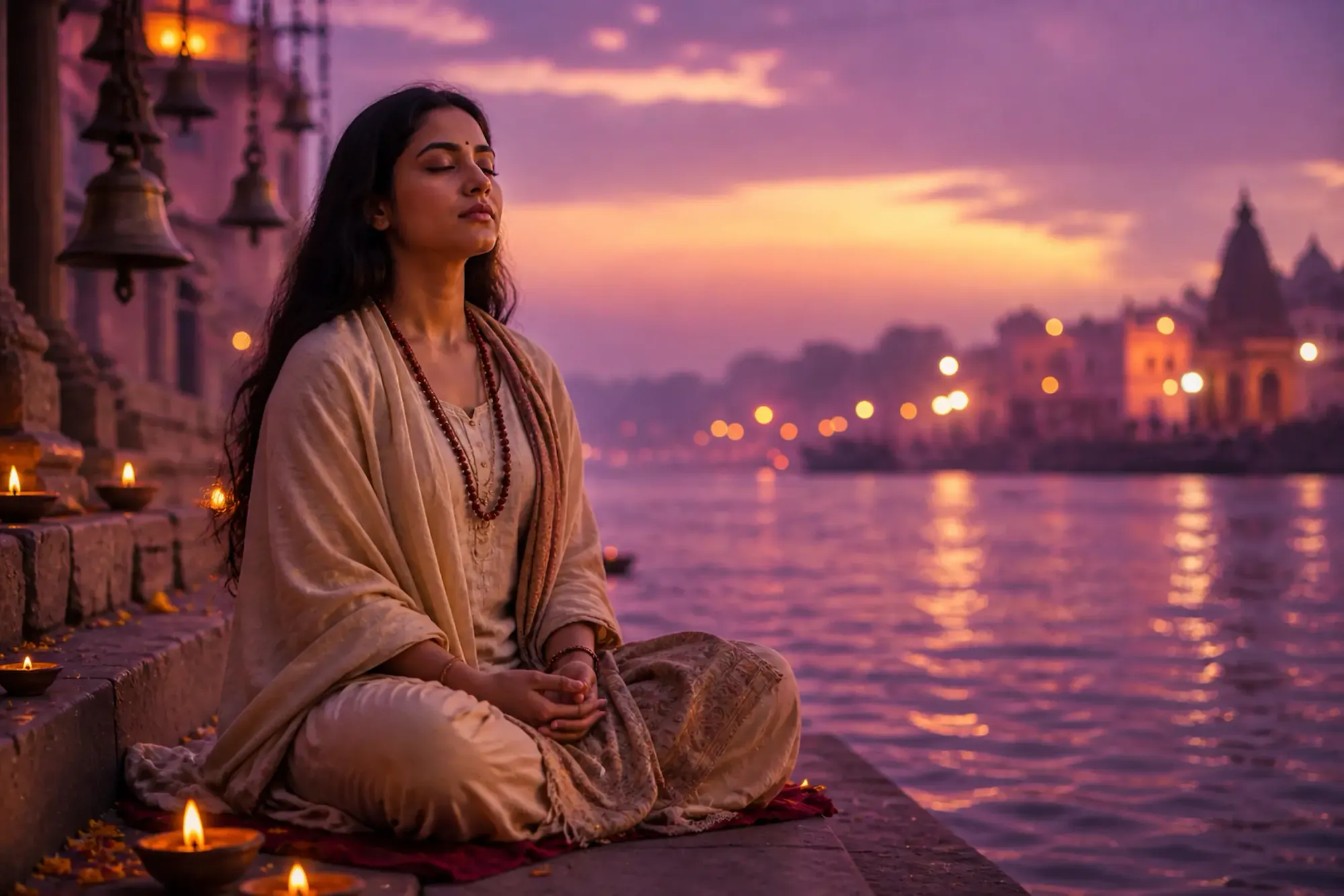 A woman meditating alone on the banks of a sacred river at twilight with blurred temple bells in the background, expression of complete inner absorption and stillness