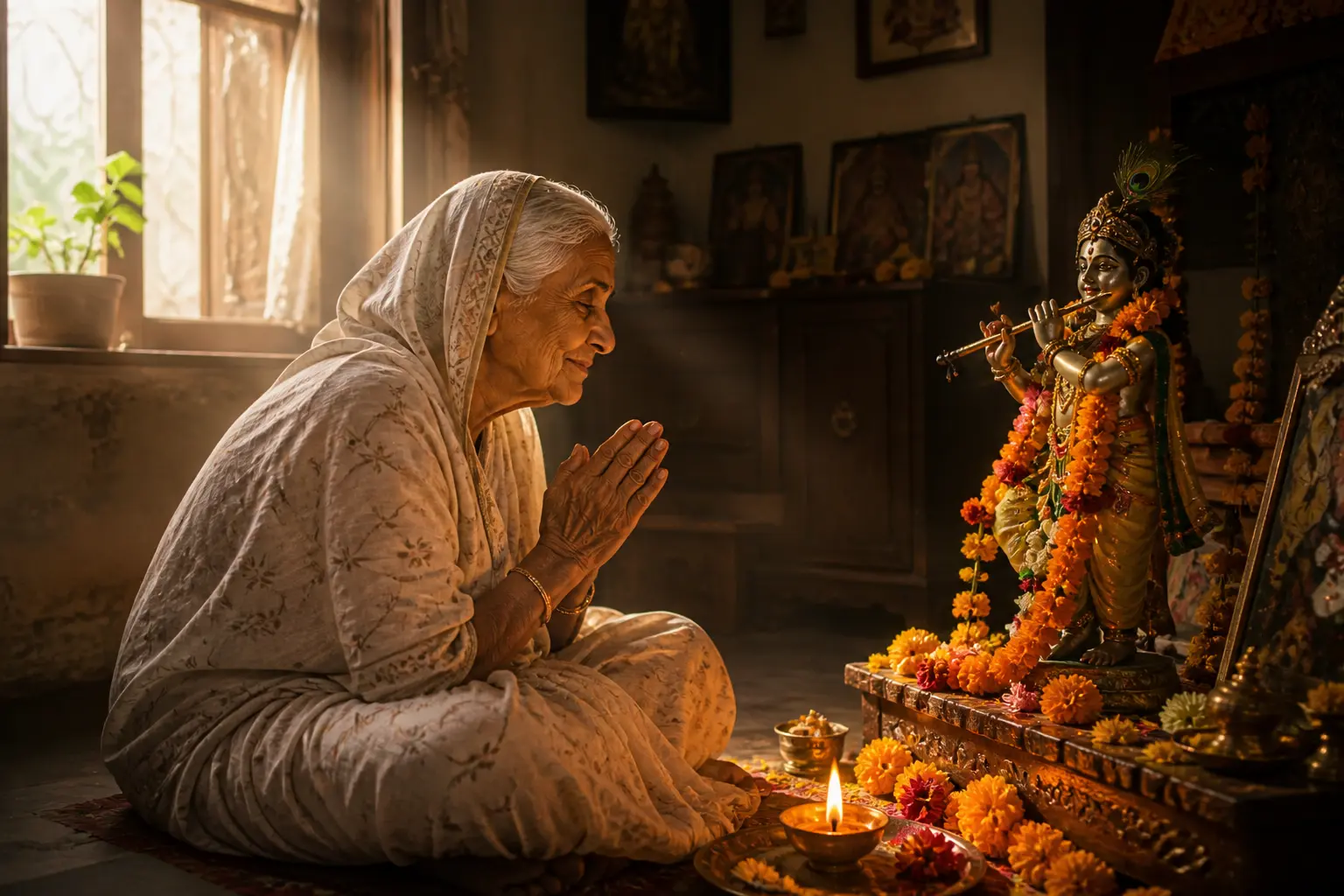 An elderly Indian woman in a small home puja room at dawn, hands folded before a Krishna murti, a single diya burning, her face radiating quiet devotion and presence