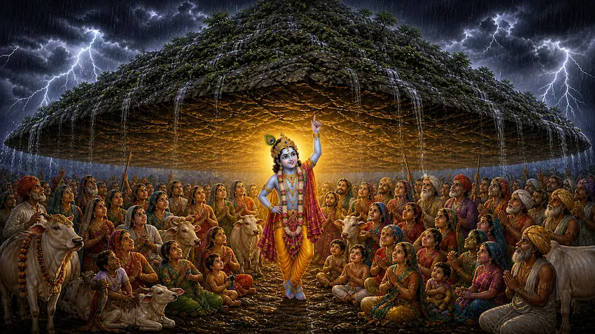 Krishna lifting Govardhan Hill on his little finger like an umbrella while Brajvasis and cows shelter beneath it in complete safety, dark storm clouds raging outside, divine golden light surrounding Krishna