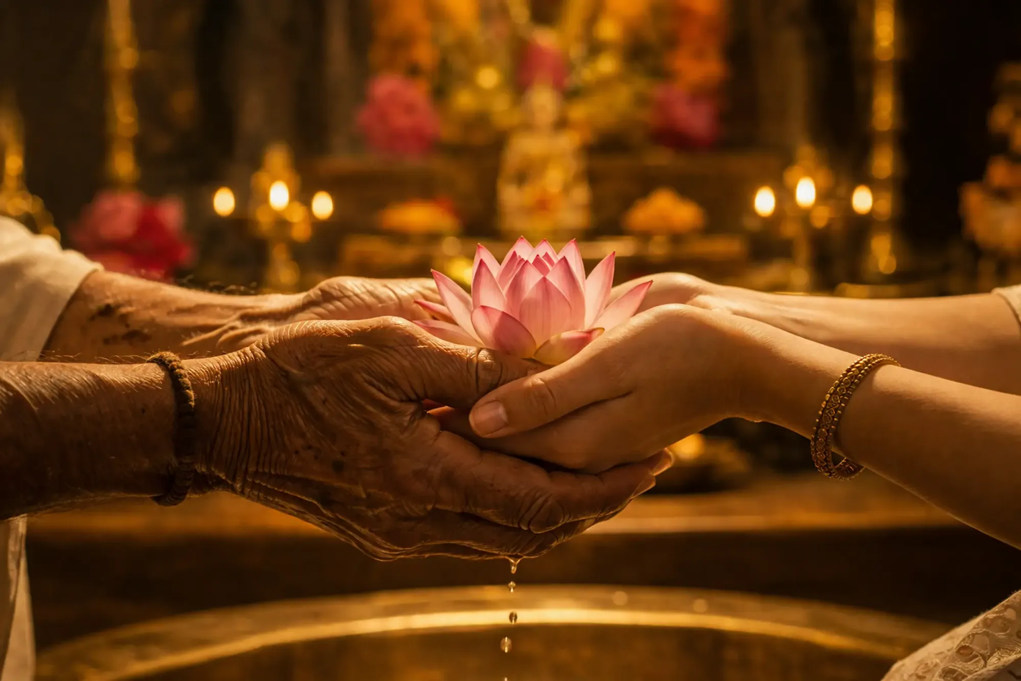 Two pairs of hands, one elderly and one young, together cradling a single lotus flower with water drops, warm golden altar light in the background, expression of pure offering