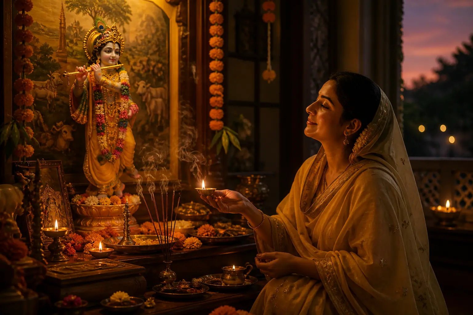 A devotee with eyes half-closed and a gentle smile lighting a diya before a Krishna murti in a warm home puja space at twilight, expression of personal presence rather than ritual performance