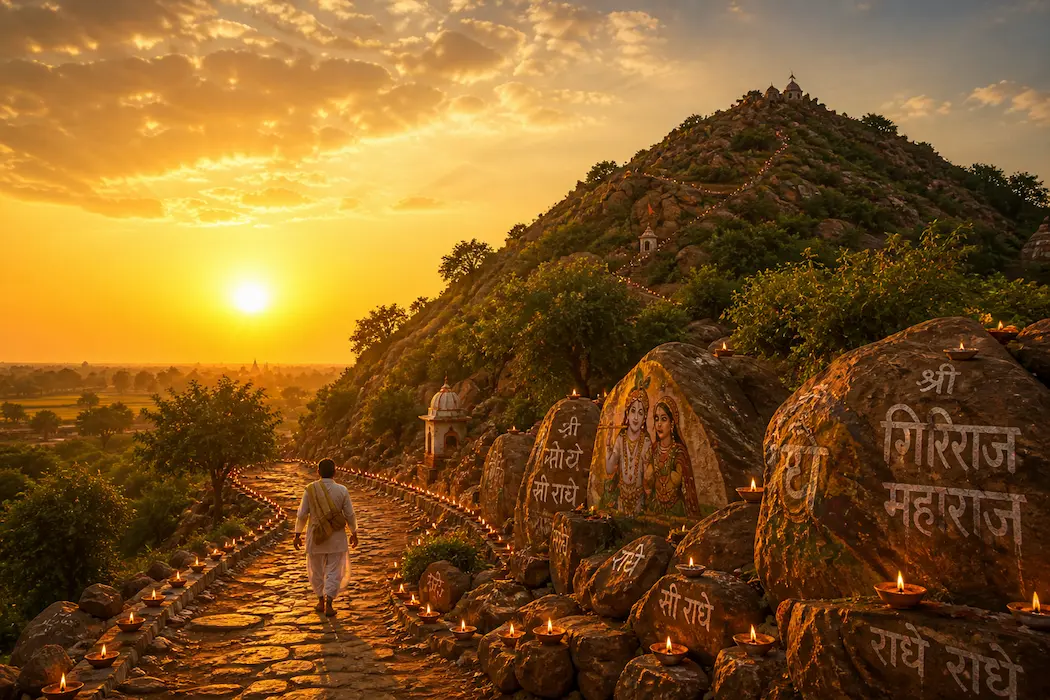 Govardhan Hill at golden hour with a lone devotee walking the parikrama path lined with small diya lamps, warm sacred light over the ancient stones of Braj