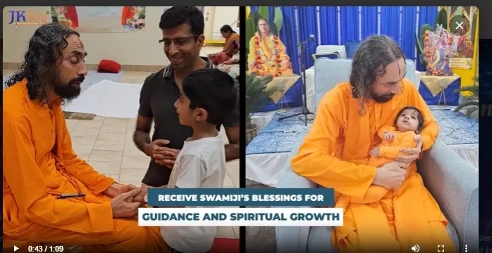 Collage showing Swami Mukundananda in saffron robes interacting with children and family members in a devotional setting.