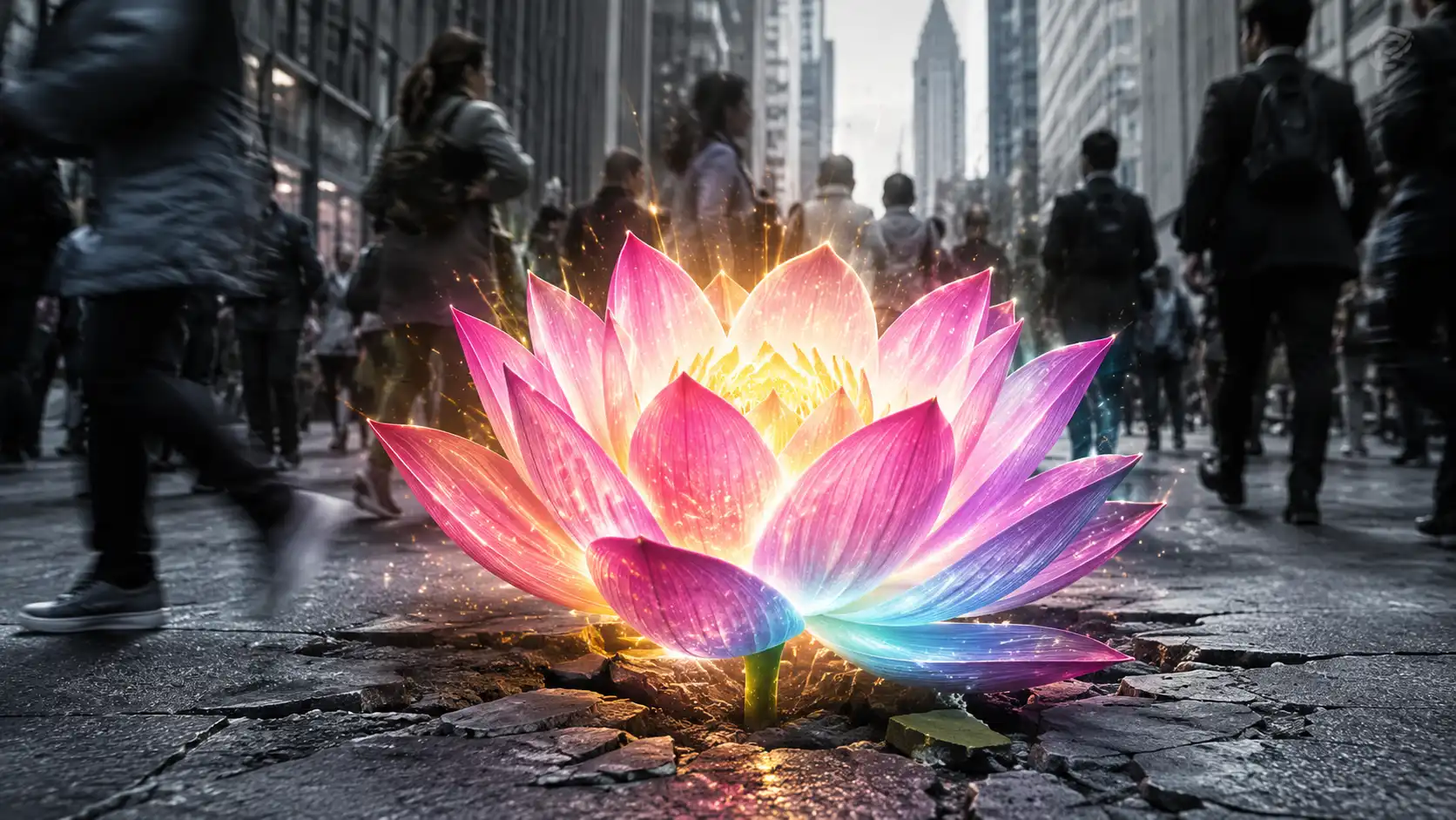 A glowing colorful lotus blooming from a gray city sidewalk as blurred pedestrians rush past in the background.