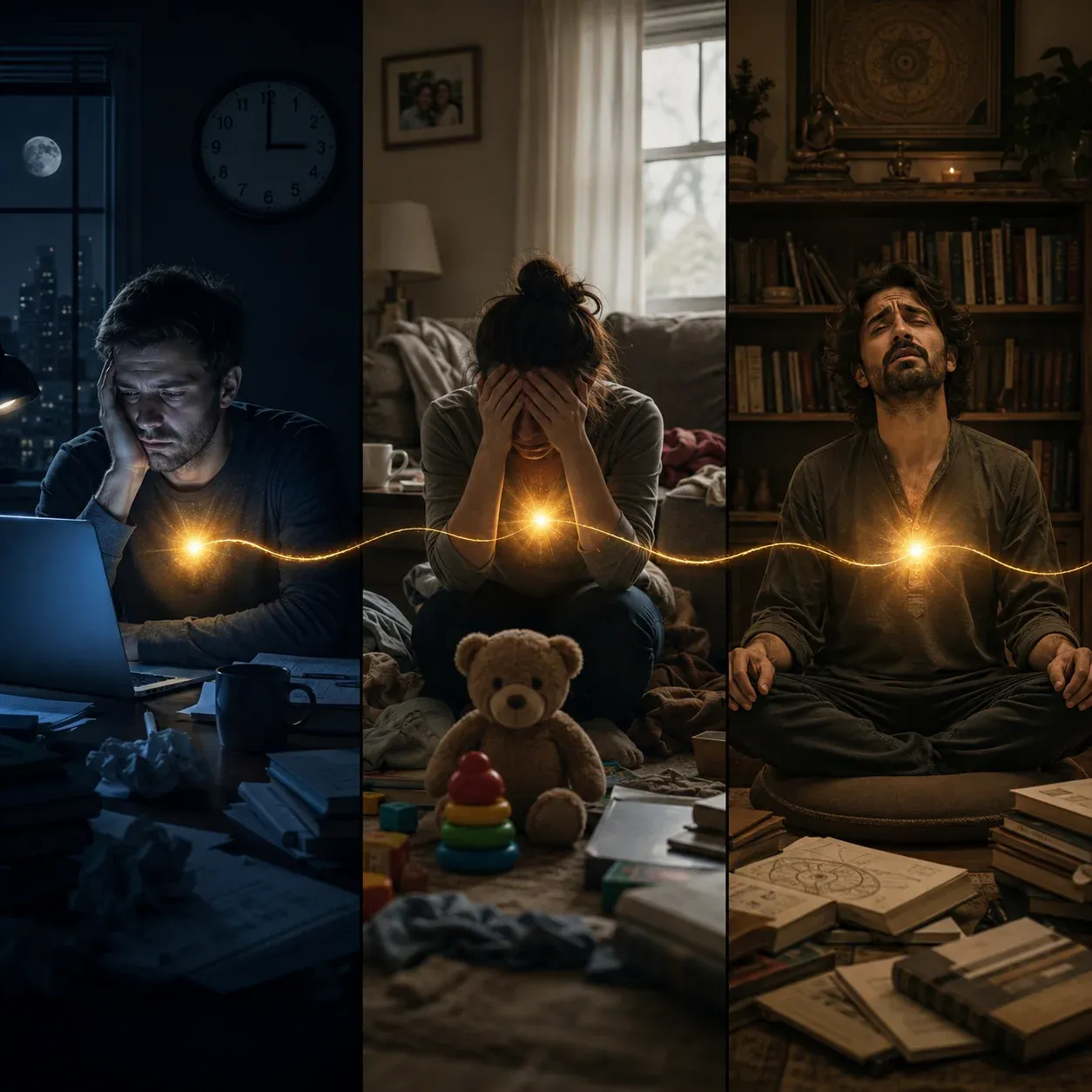 Three-panel image showing a tired professional, an overwhelmed parent, and a frustrated seeker, each connected by a glowing golden light from the heart.