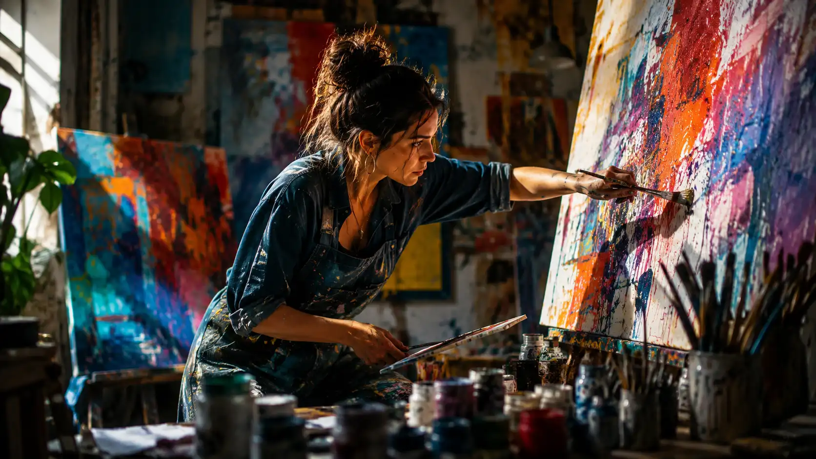 Modern artist deeply focused on painting a colorful canvas in a studio, symbolizing dedicated work and Karm Yog