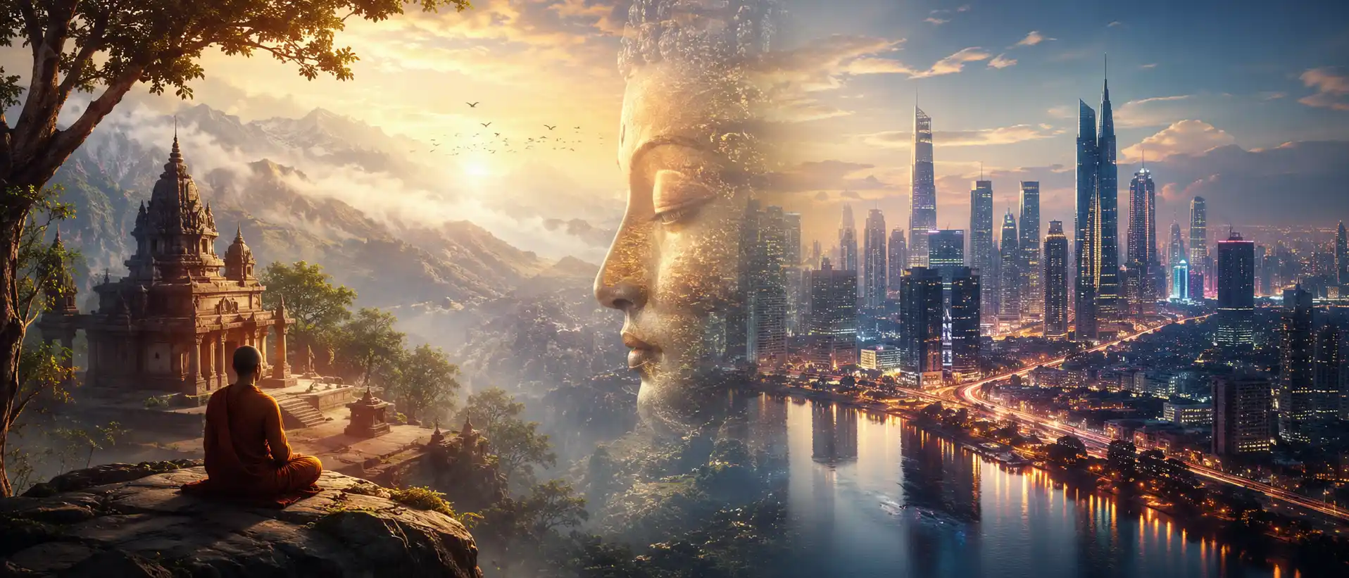 A serene ancient mountain landscape with a meditating figure and temple blending into a modern city skyline with skyscrapers.
