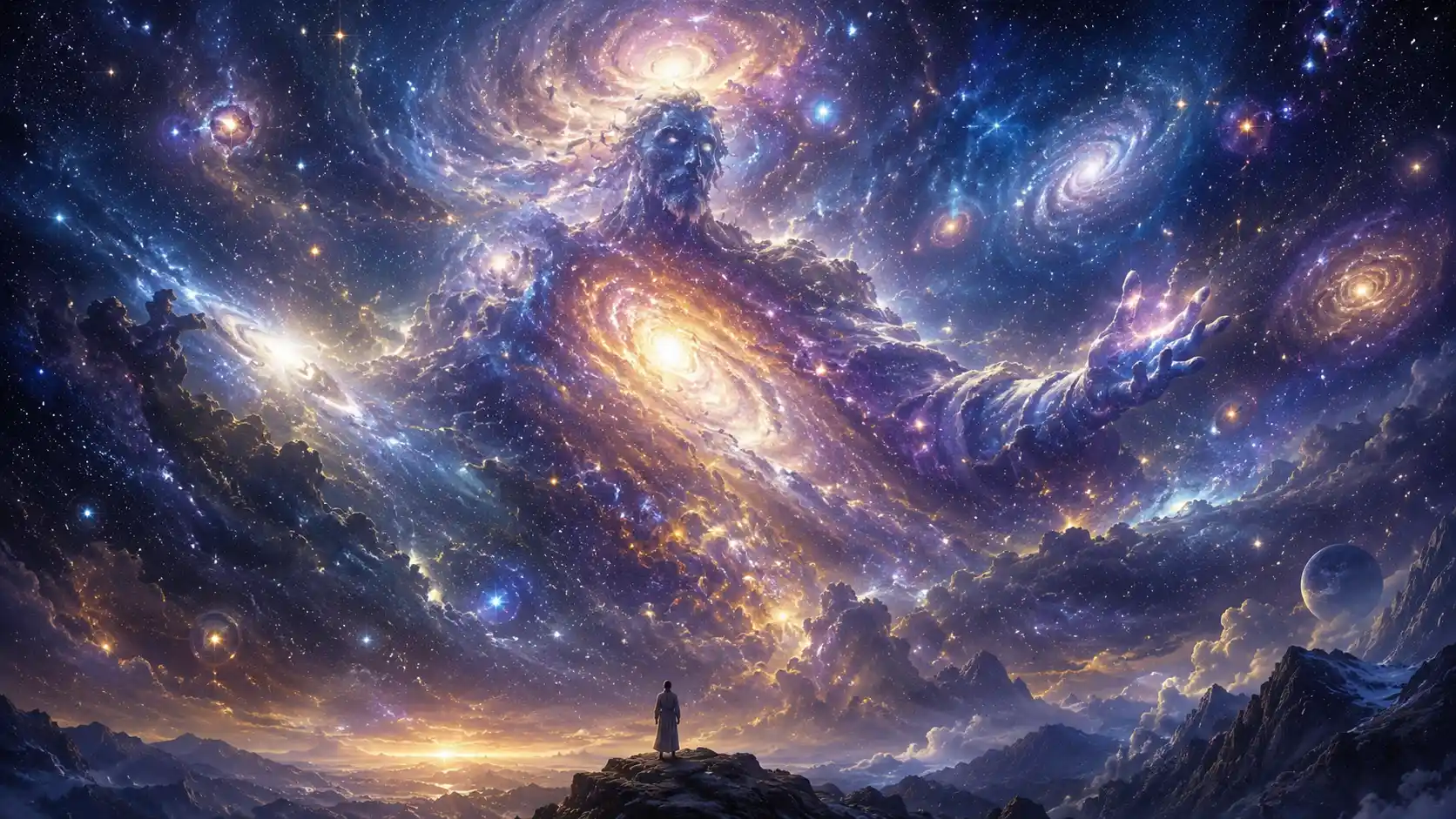 A vast star-filled sky with swirling galaxies forming a majestic cosmic figure above a lone person standing on a rocky peak.