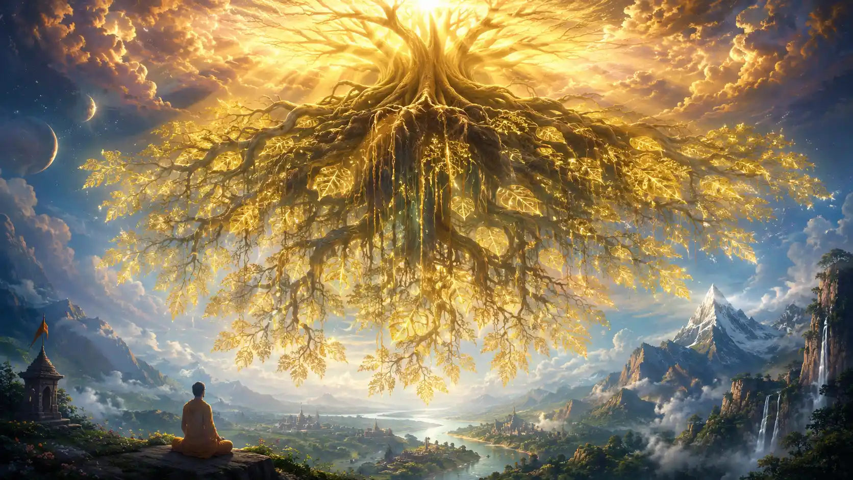 A glowing upside-down sacred tree with roots above and branches below, hanging over a vast landscape with a meditating figure below.