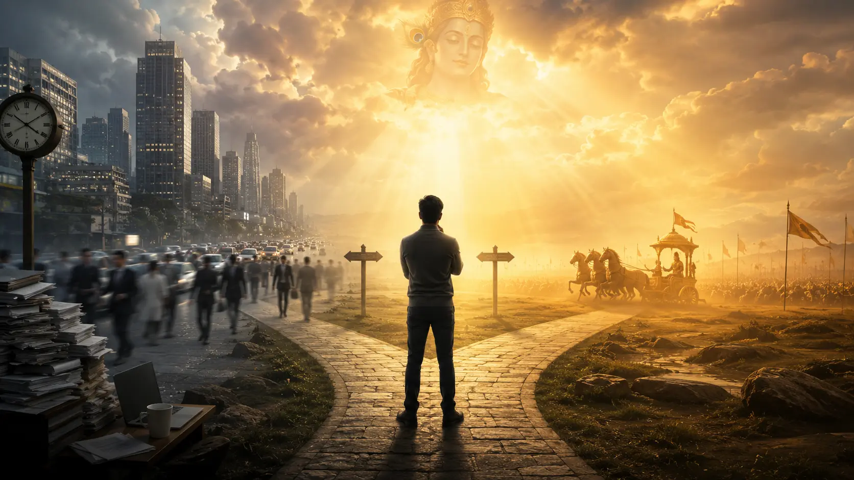 : Person standing at a crossroads between a busy modern city and a golden ancient battlefield.
