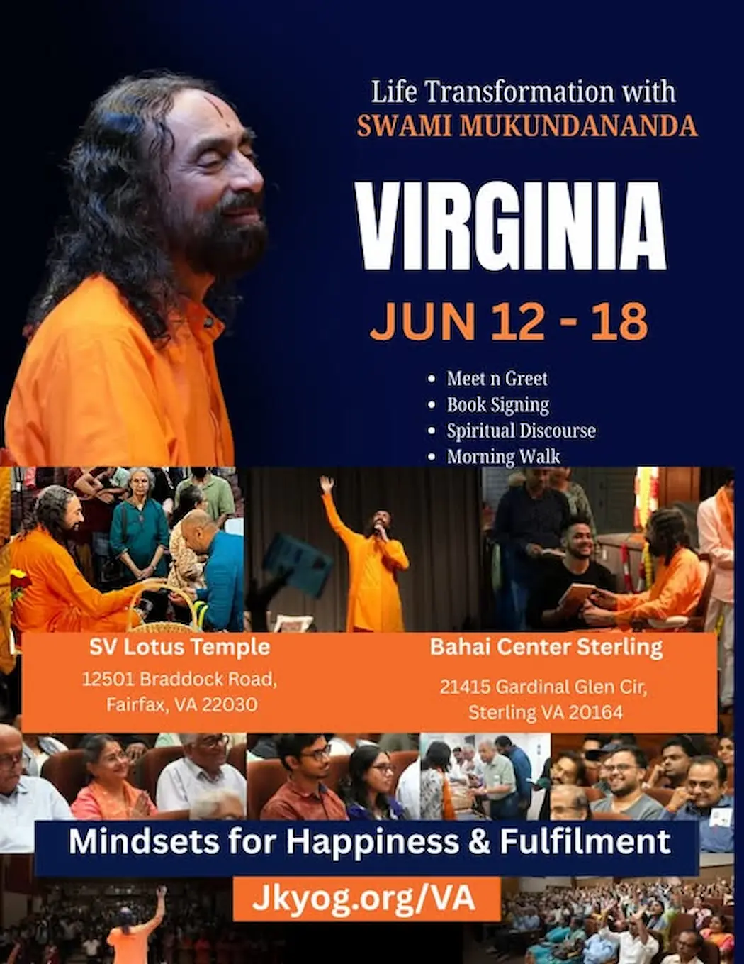 Virginia Life Transformation Program with Swami Mukundananda, featuring event dates, venue details, audience photos, spiritual discourses, morning walks, and book signing opportunities.