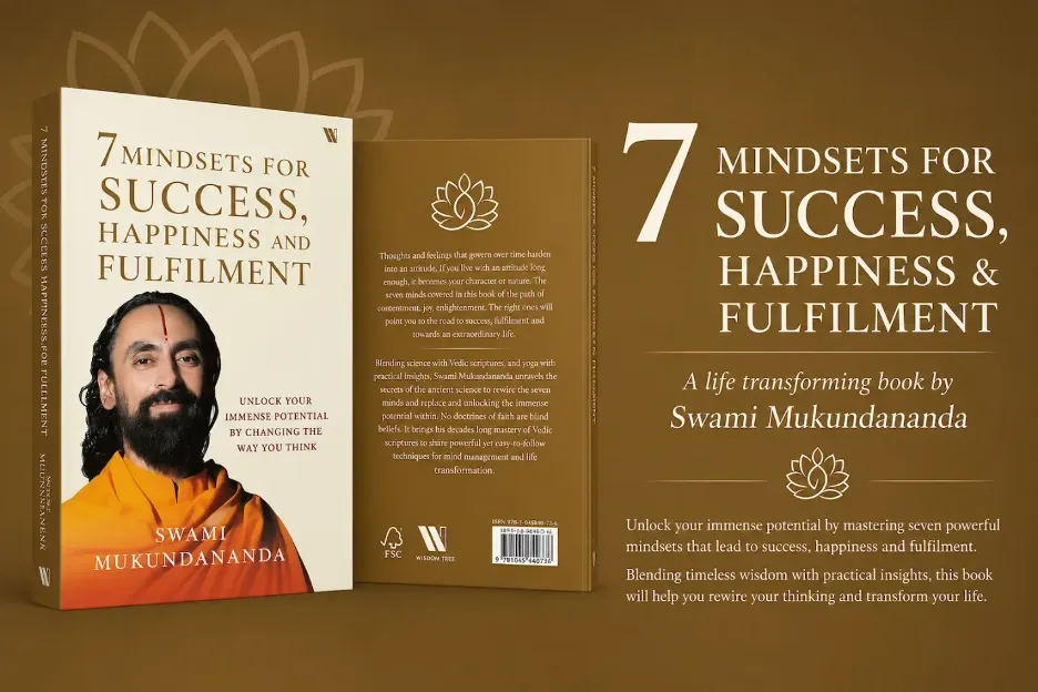 Book cover and back cover of 7 Mindsets for Success, Happiness and Fulfilment by Swami Mukundananda, featuring guidance on developing seven powerful mindsets for lasting success, happiness, and fulfillment.