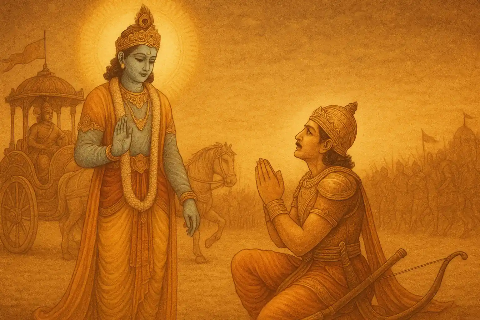 Shree Krishna and Arjun on the battlefield of Kurukshetra