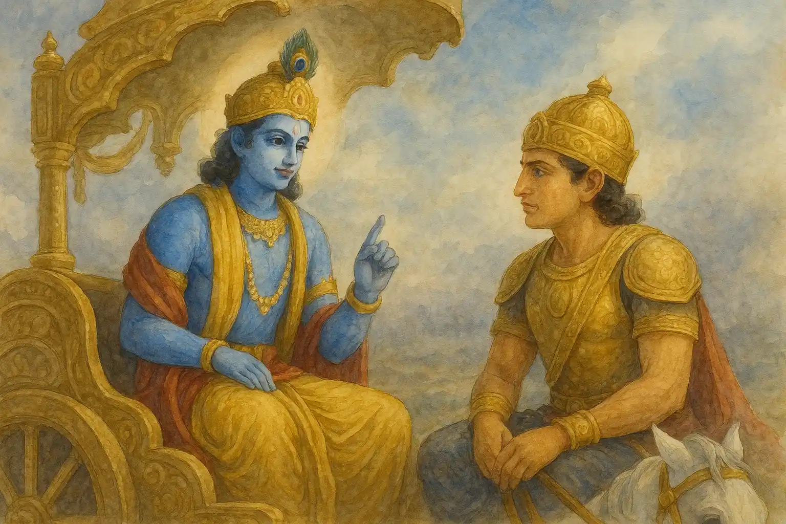 Shree Krishna and Arjun on the battlefield of Kurukshetra