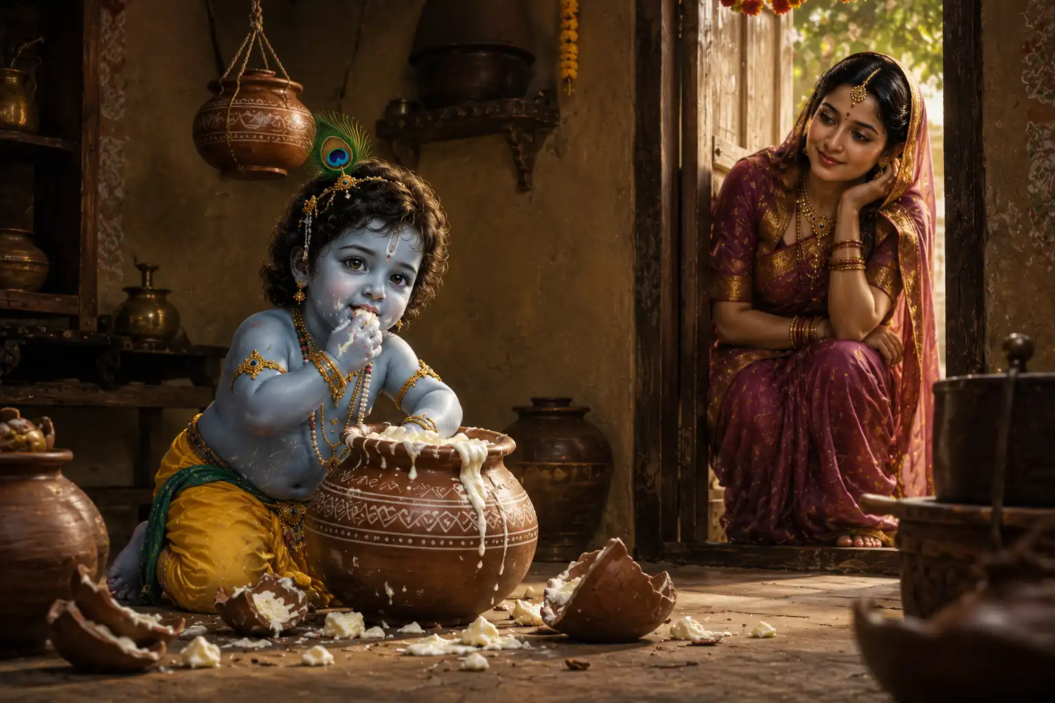 Krishna enjoys butter while a gopi watches with affection