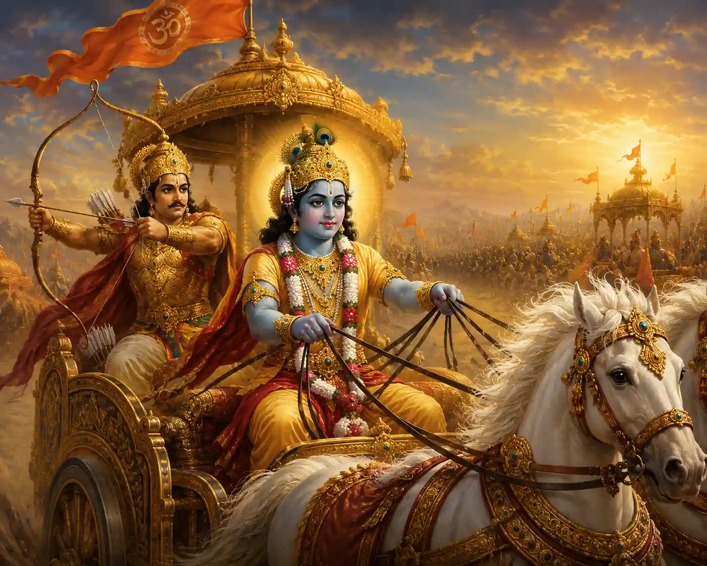 Shree Krishna as Arjun's charioteer on the battlefield of Kurukshetra