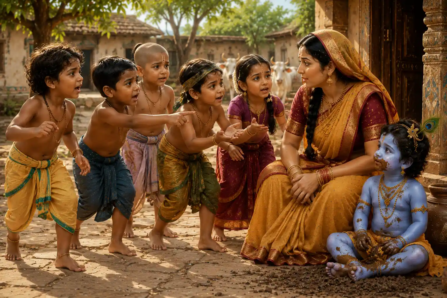 A group of playful boys rushes to Mother Yashoda with a complaint that little Krishna has been eating mud.