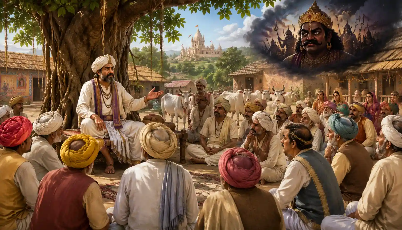 Nanda Baba proposes relocation to the villagers during a village meeting 