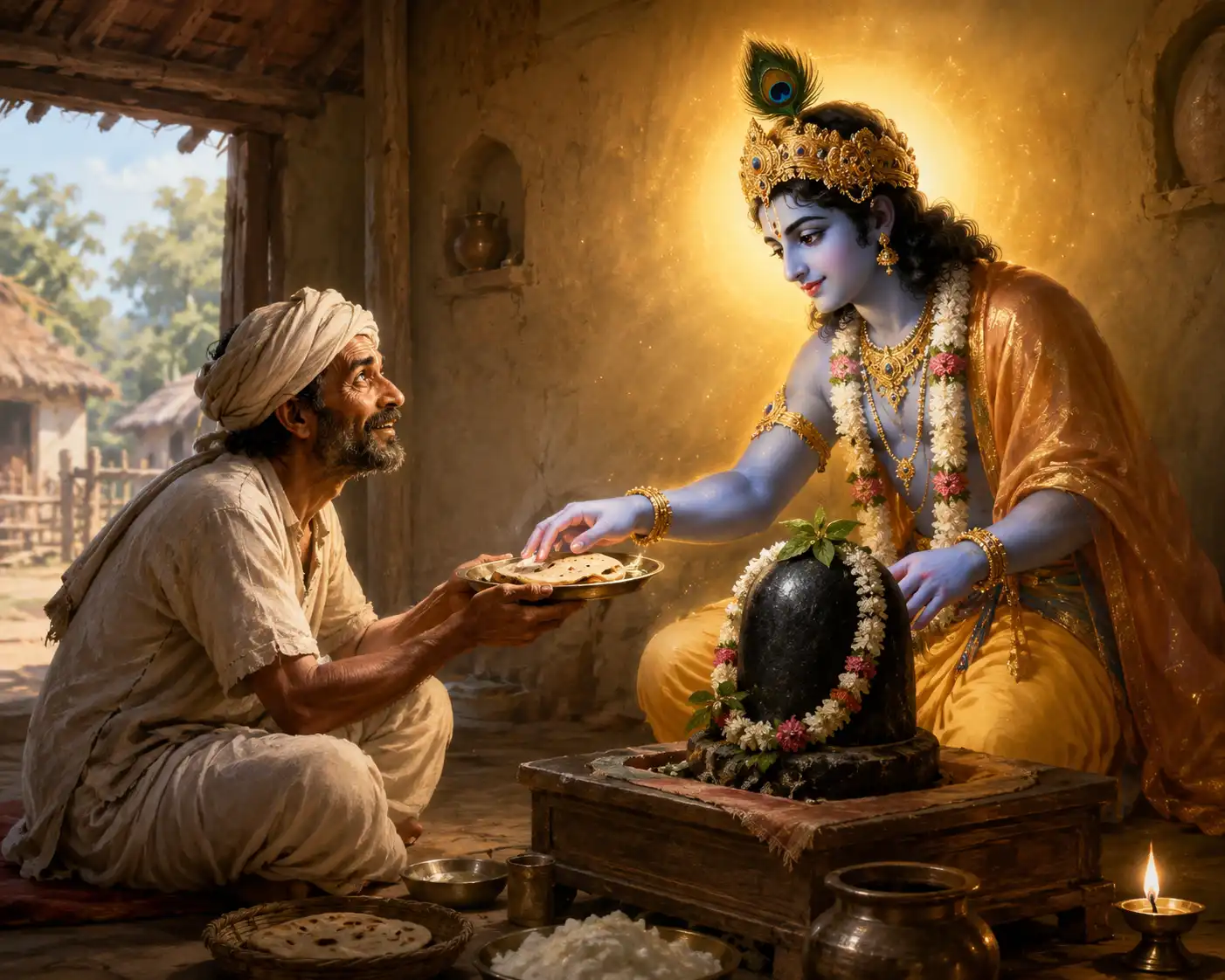 Unable to resist the pure love of Dhanna Jat, Lord Krishna finally manifested from the stone and accepted the offering with His own hands