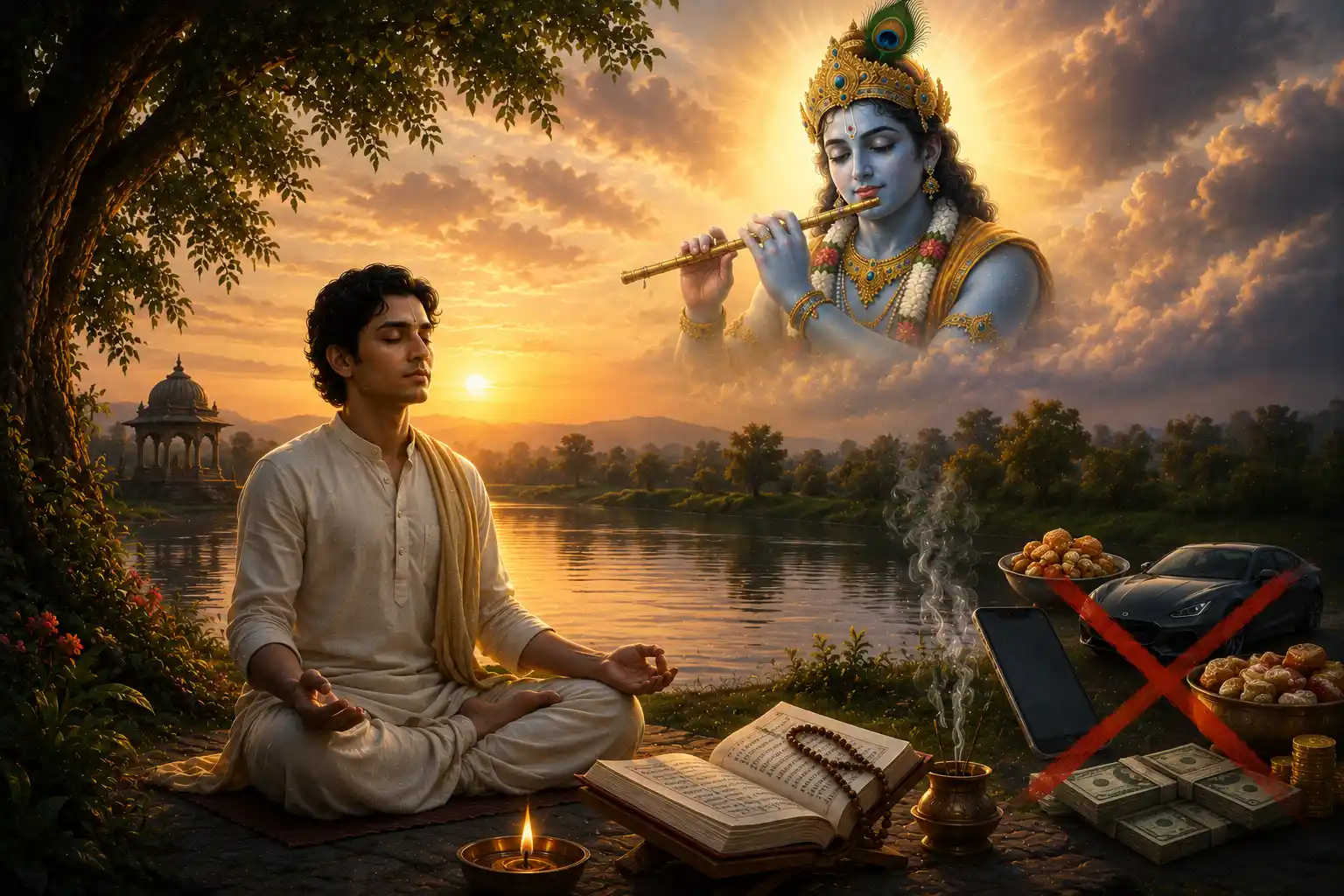 A devotee meditates peacefully beside a river at sunset while a divine vision of Lord Krishna appears in the glowing clouds above.