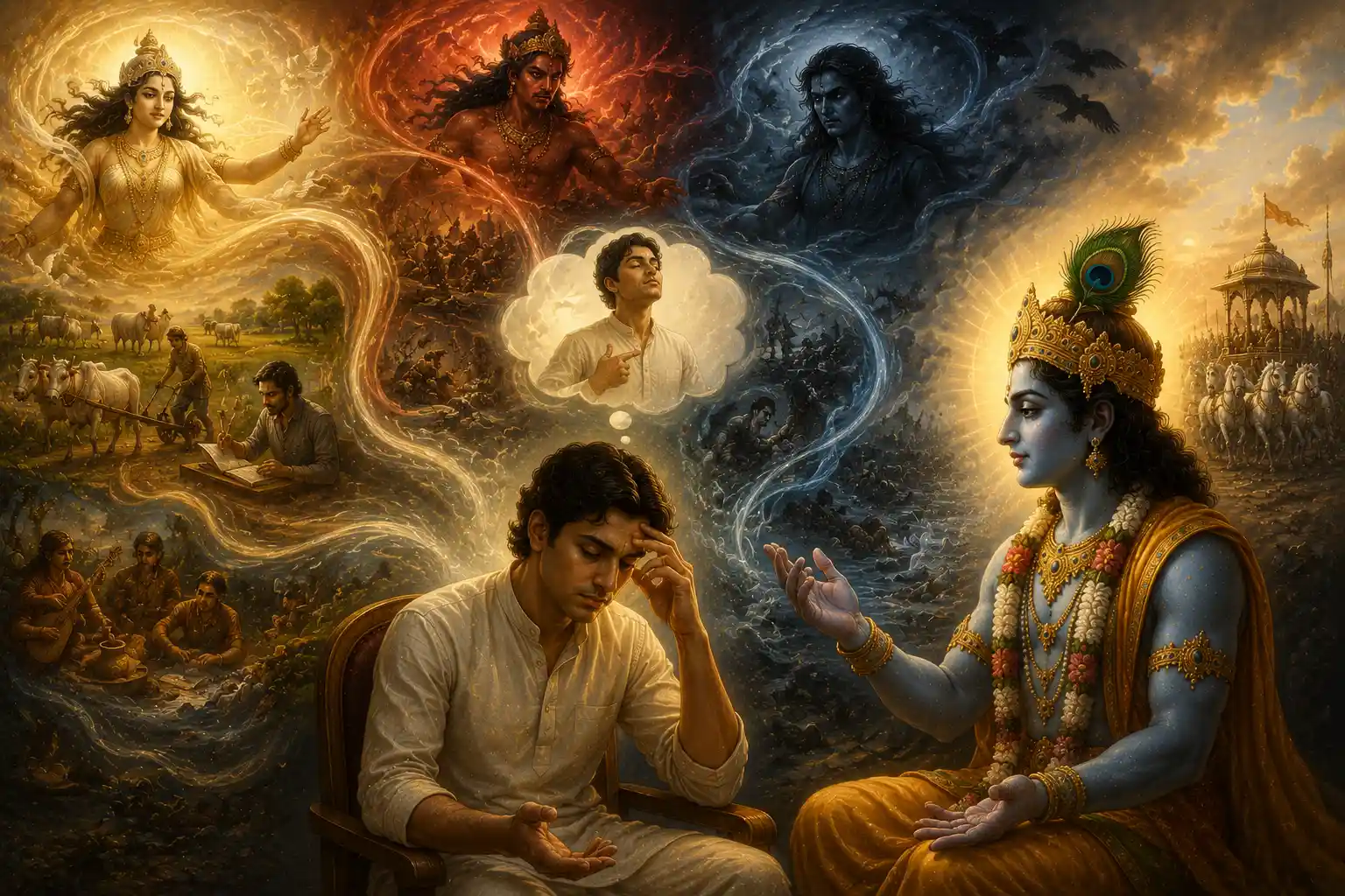 While the three modes of material nature carry out all activities, the soul, deluded by false identification with the body, thinks of itself as the doer.