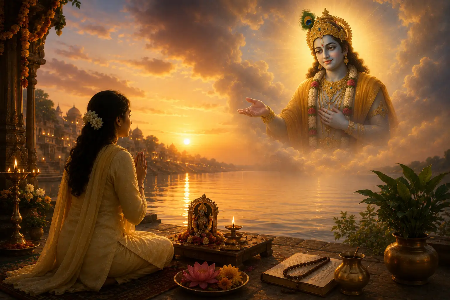 A devotee prays and meditates on the divine form of Shree Krishna