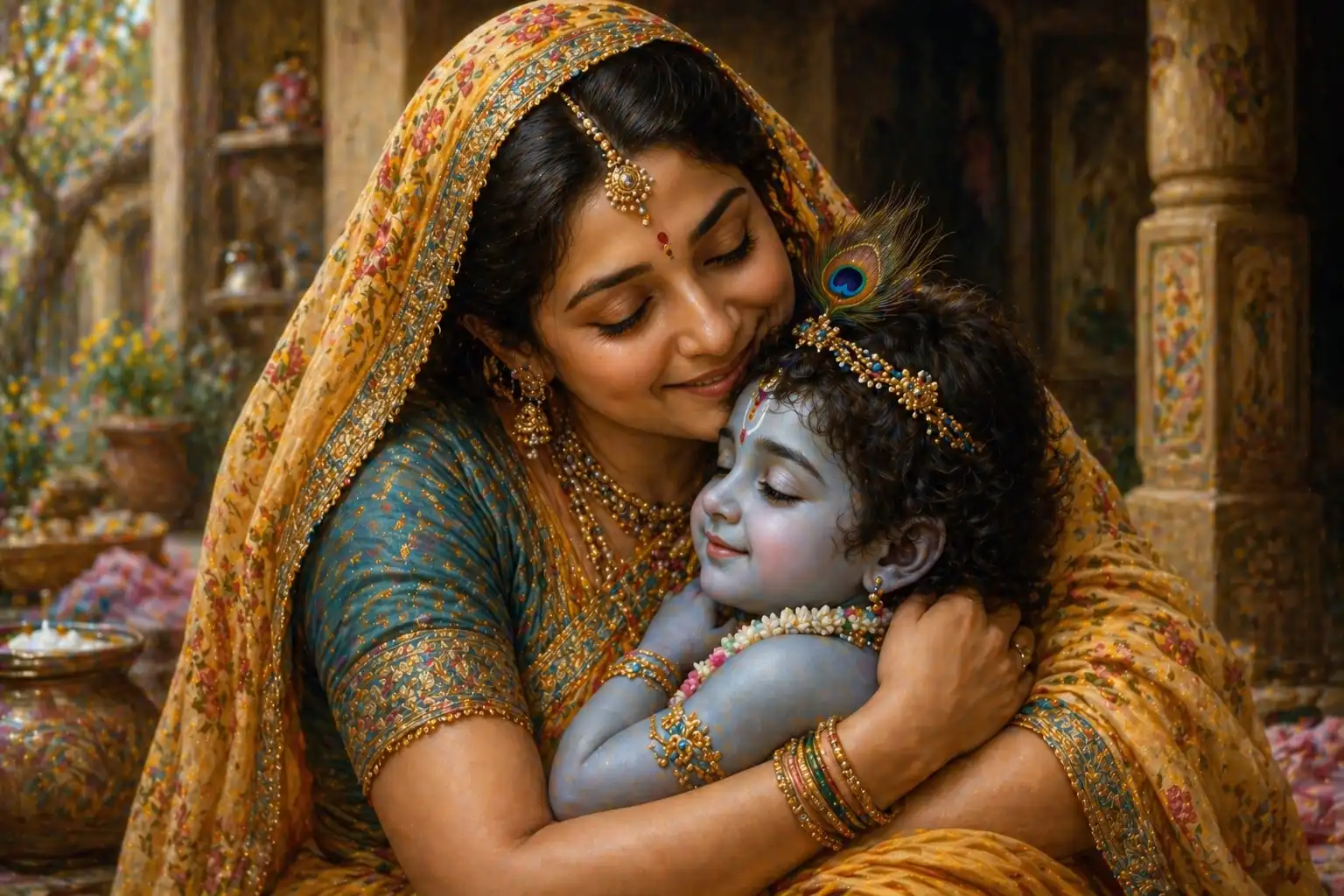 Mother Yashoda and Krishna in a loving embrace 