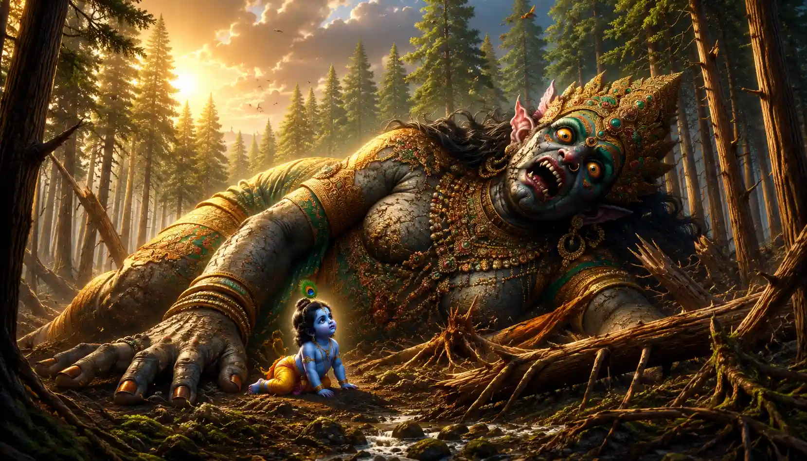 Infant Krishna defeats Putana, turning her deadly intent into liberation