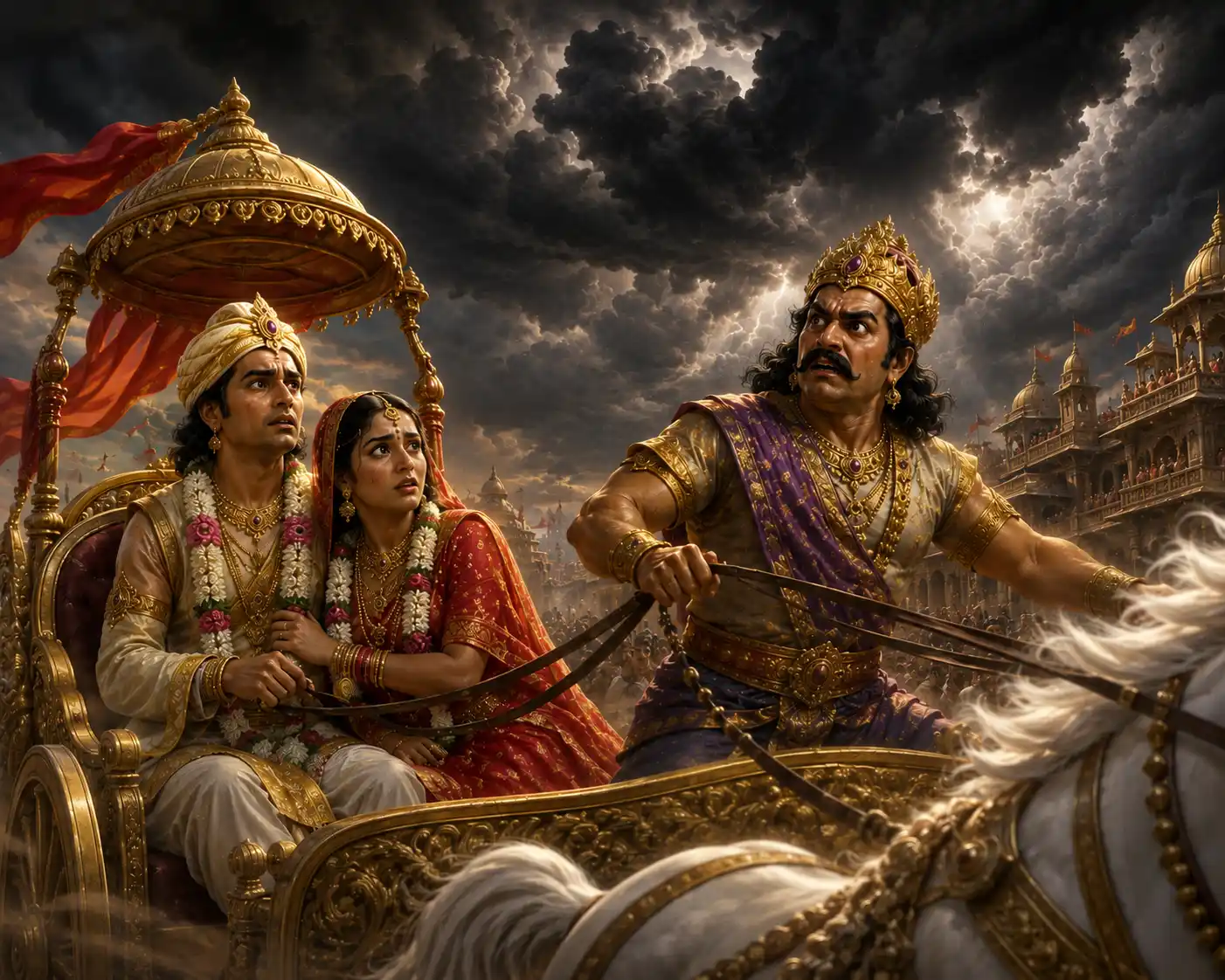 As kansa drives devaki and vasuden in a chariot after their wedding, celestial voice resounds through the sky and warns of his impending death