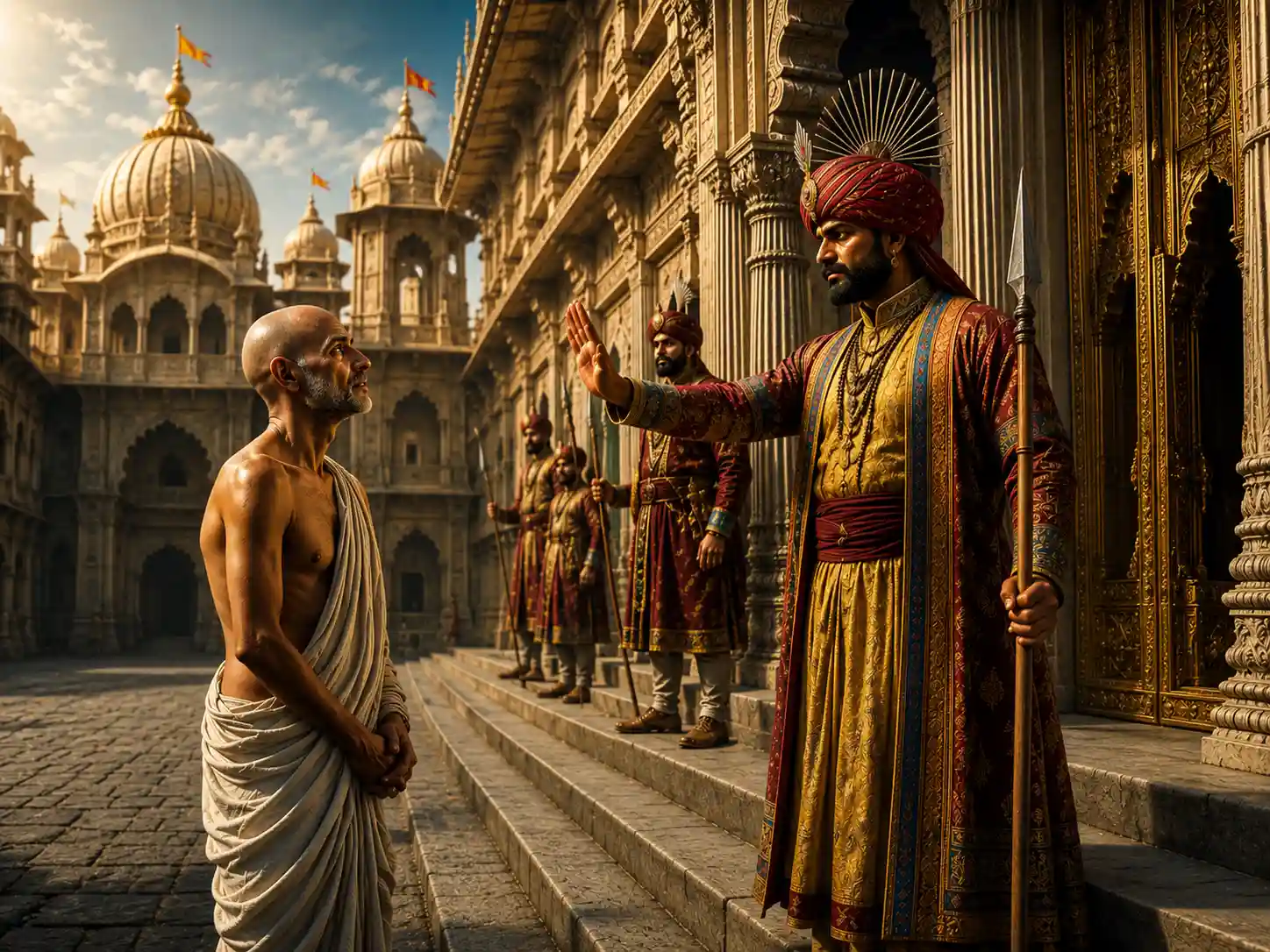 Sudama at the Palace in Dwarika, being denied entry by a guard
