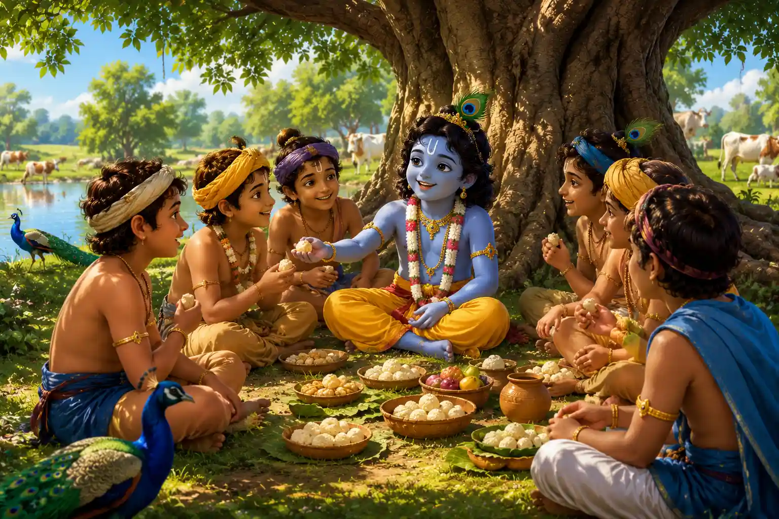 Krishna sharing love and food with his friends under a tree