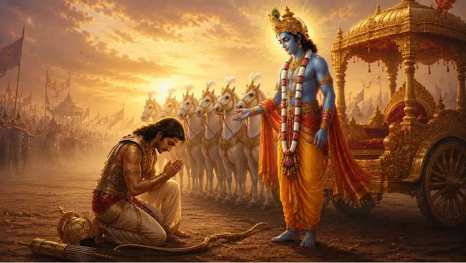 Shree Krishna and Arjun on the battlefield of Kurukshetra
