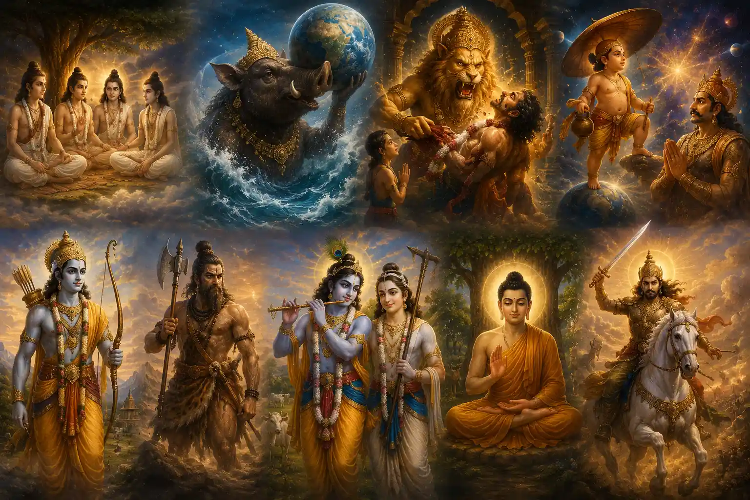 The Bhagavatam beautifully describes the many incarnations through which God descends to protect righteousness and guide humanity.