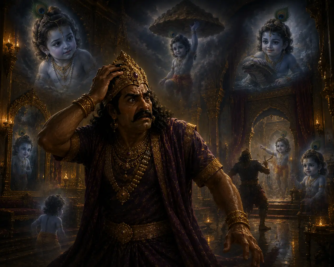 Kansa wanders around his palatial quarters but all he can see is Krishna, his impending death
