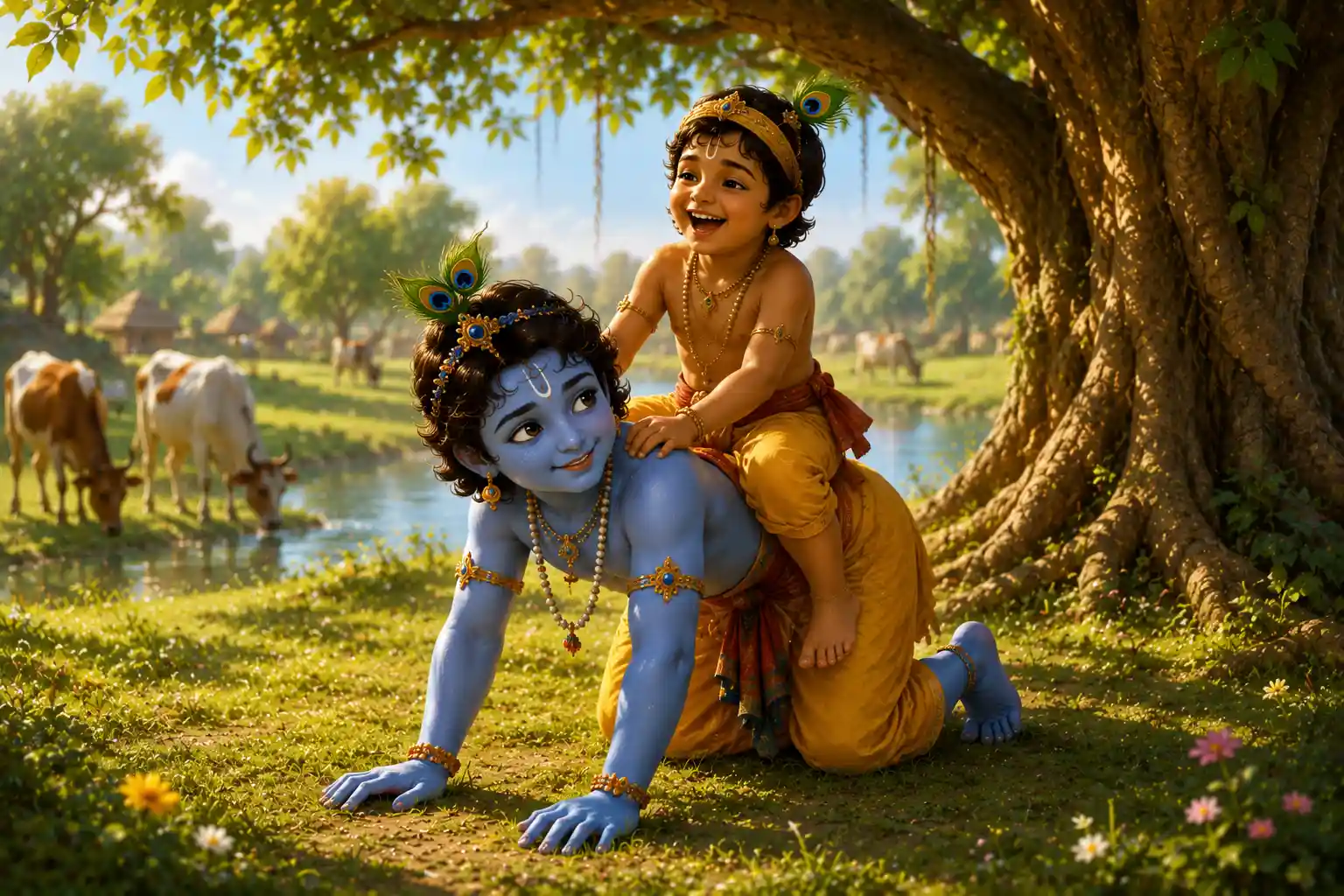 Shree Krishna's friends, unaware of His supreme divinity, mounted Him playfully and told Him to move like a horse