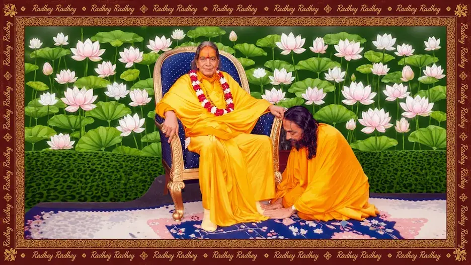 Jagadguru Shri Kripalu Ji Maharaj seated on an ornate throne while Swami Mukundananda humbly bows at His lotus feet, symbolizing complete surrender and the eternal guru-disciple relationship against a serene lotus-filled backdrop.