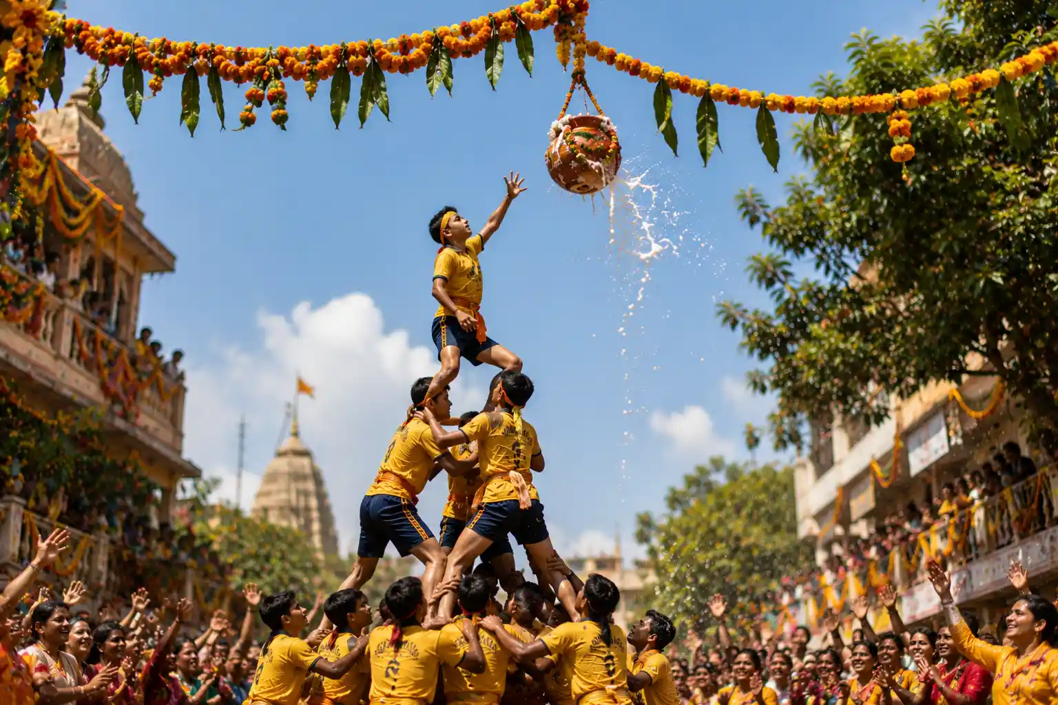Dahi handi isa human pyramid formed to break a pot of curd or butter hanging high above. It re-enacts Shree Krishna’s mischievous butter thefts in Gokul