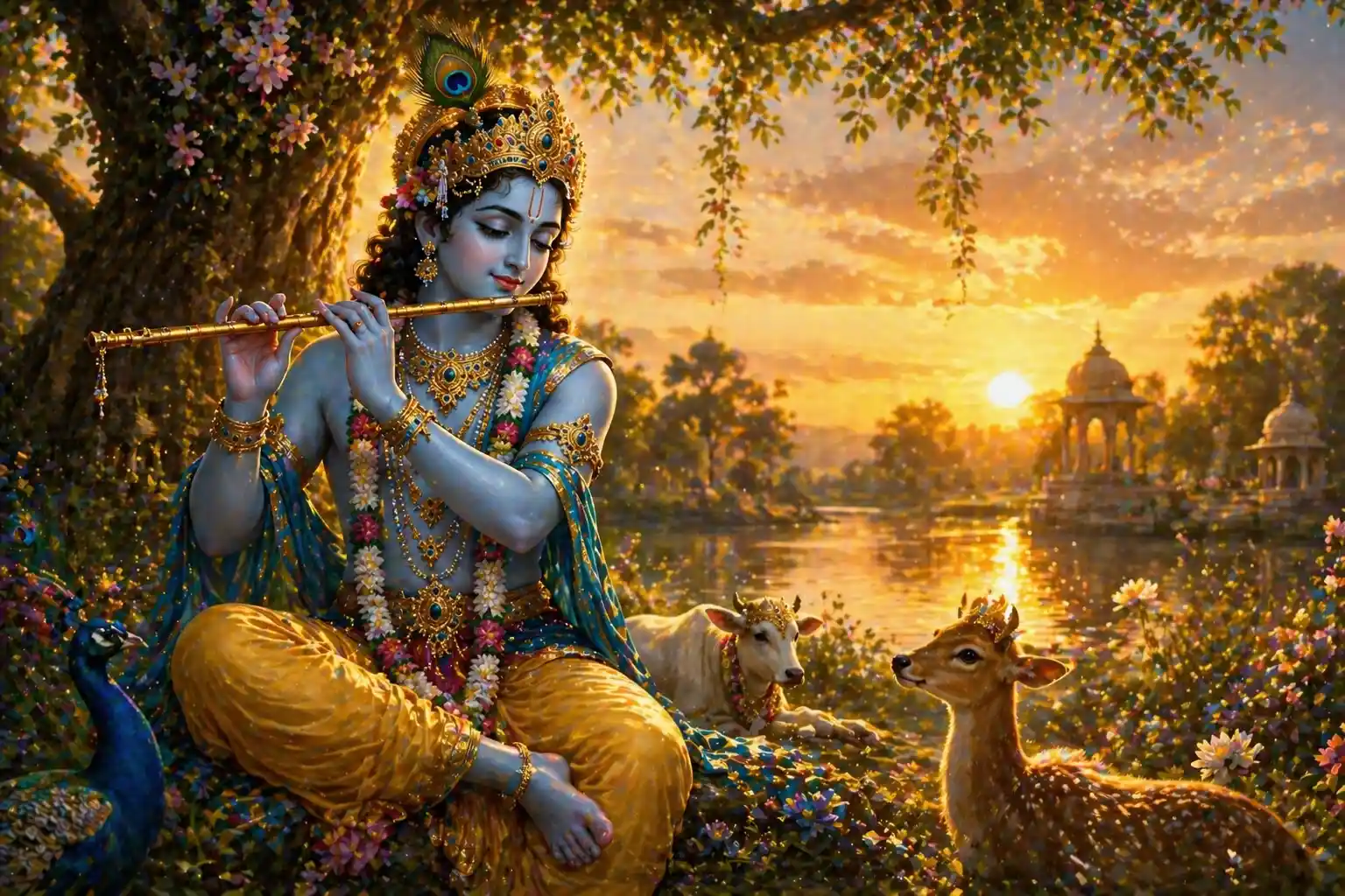 Shree Krishna on the bank the river Yamuna, playing His flute and surrounded by forest animals