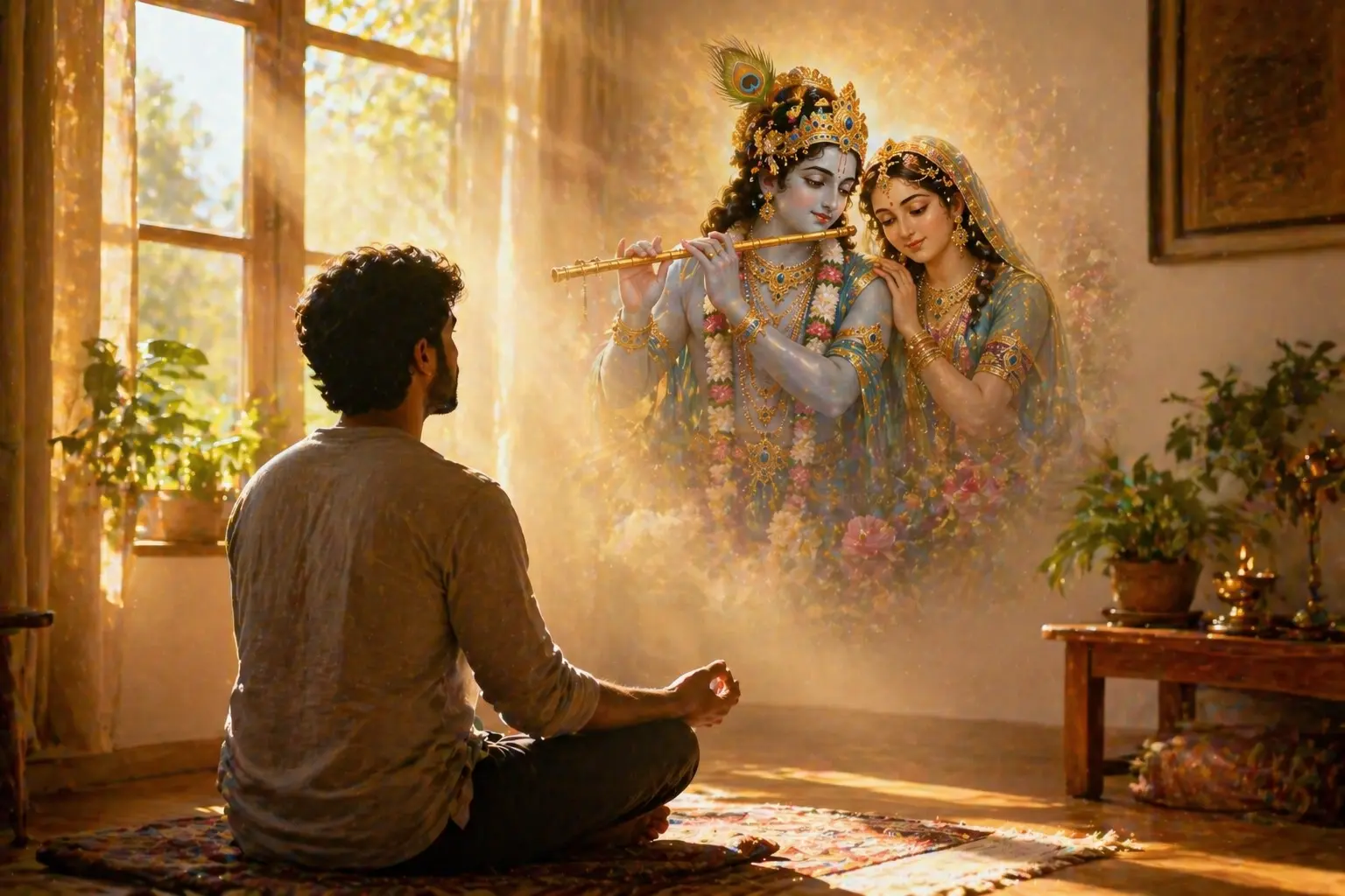 A devotee meditates on the divine forms of Radha Krishna