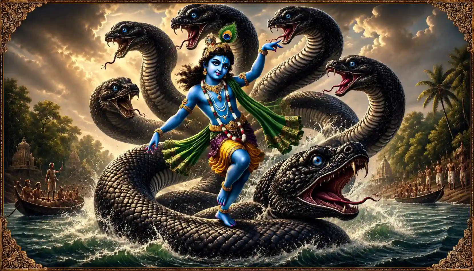 Krishna’s divine dance on Kaliya’s hoods cleansed the Yamuna, restoring life’s purity.